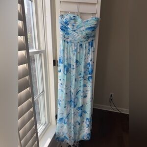 Donna Morgan Women’s Blue Floral Strapless Long Dress- Size 4